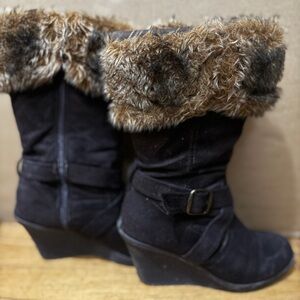 Macy's Black Ankle Boots with Faux Fur Trim